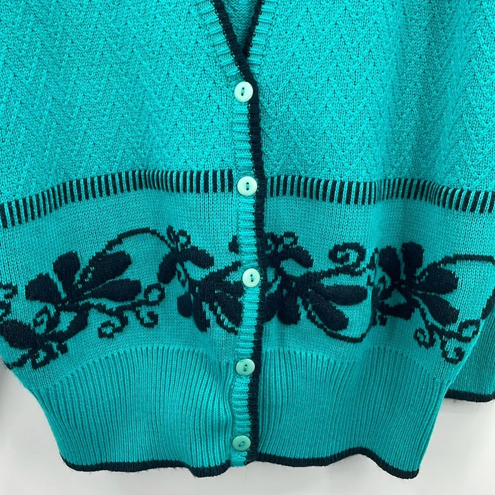 Vintage 90s Jason Maxwell Cardigan Teal Black Made in Hong Kong Size Large
